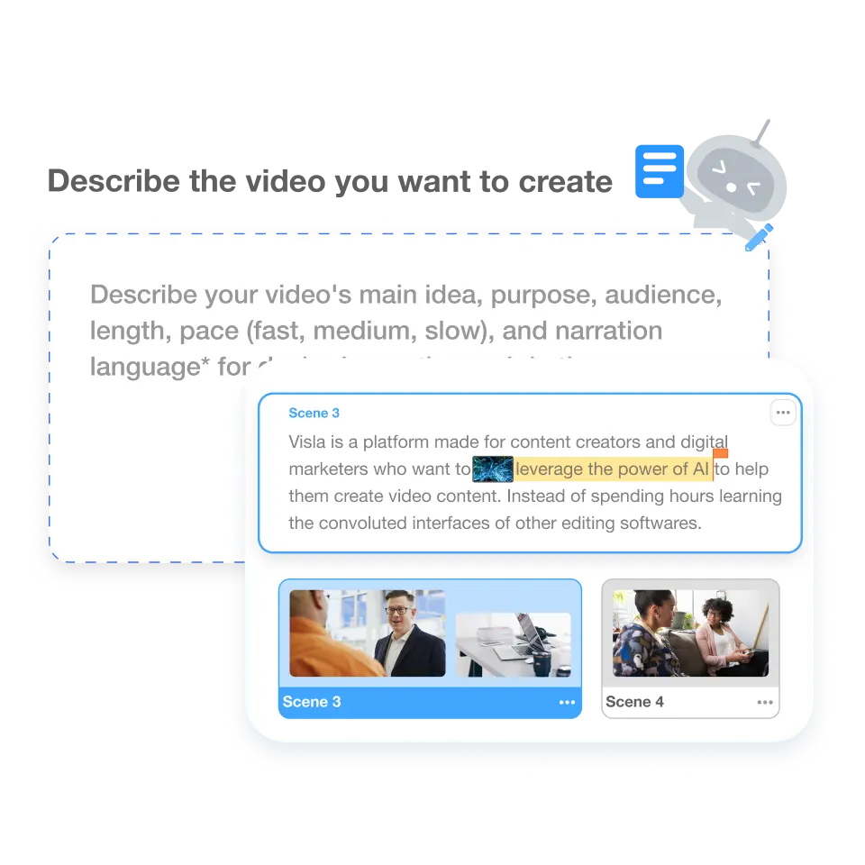 Presentation video creator interface for starting video projects using ideas, text prompts, and existing footage on Visla.